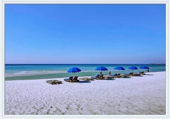 On the beach, sun loungers