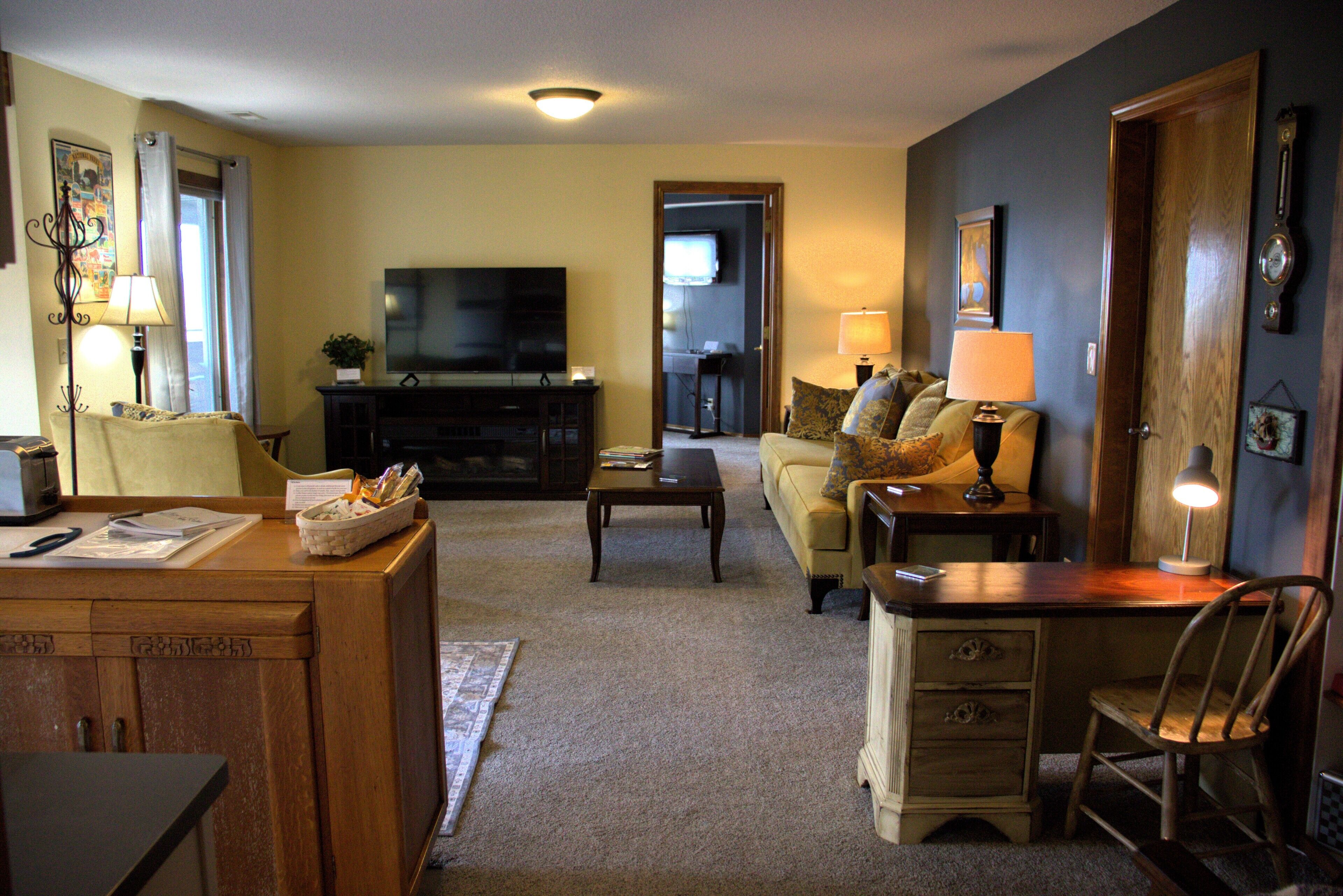 Smart TV, fireplace, books