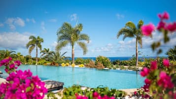Piscina azul cristalina cercada por palmeiras e plantas tropicais, com vista para o oceano ao fundo.