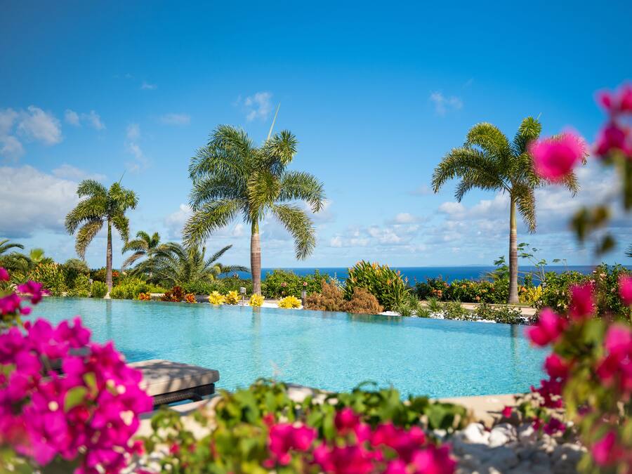 Piscina azul cristalina cercada por palmeiras e plantas tropicais, com vista para o oceano ao fundo.