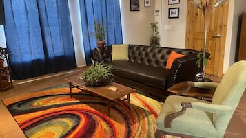 Smart TV, fireplace, books, music library