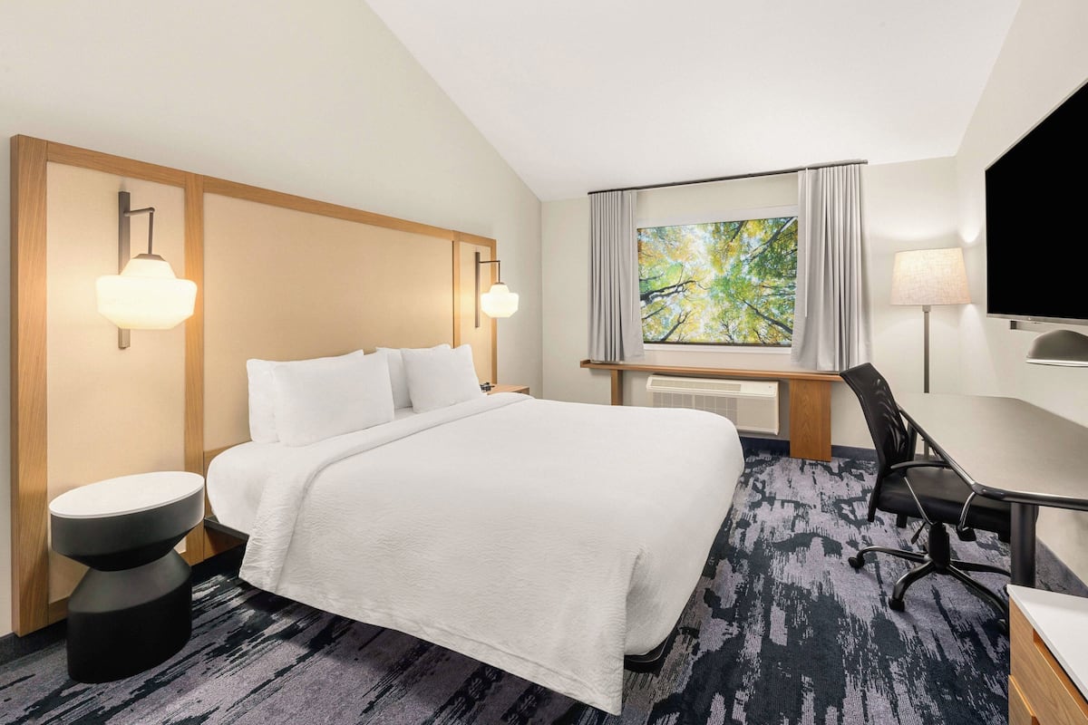 A hotel room with a bed, a desk, a chair, a TV, and a window with a view of trees.