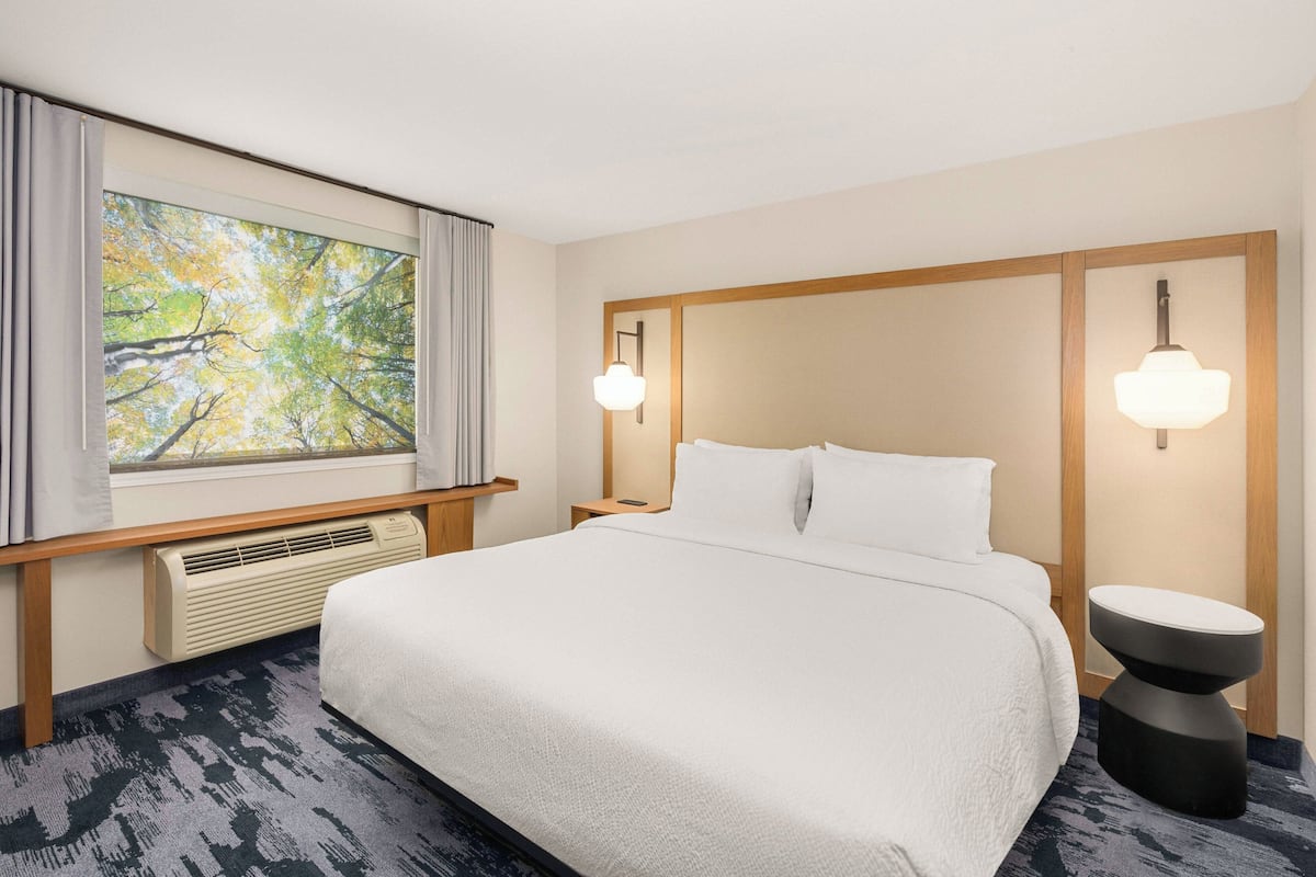 A hotel room with a large bed, a window with curtains, a wall-mounted heater, and two bedside lamps.