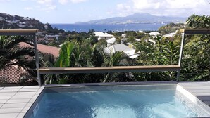 A swimming pool with a view of a coastal town and mountains in the background. - Magnificent and luxurious T2 bis (Les Trois Ilets)