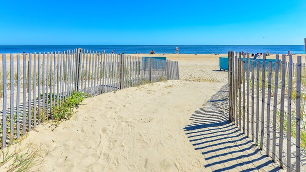 A sandy beach path leading to the ocean, bordered by wooden fences.