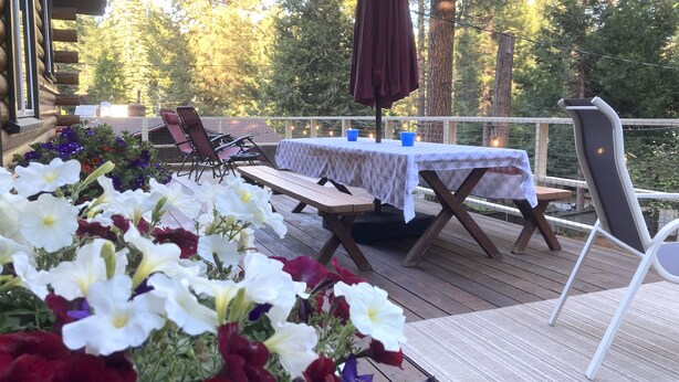 Une terrasse extérieure avec une table et des chaises, entourée de fleurs.