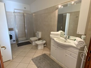 Shower, hair dryer, bidet, towels
