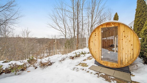 A wooden cabin with a large glass door, surrounded by snow and trees. - Happy Days and Nights - Bear's Den (Harbor Springs)