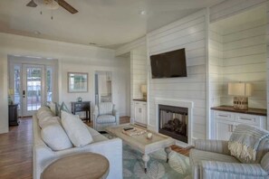 Flat-screen TV, fireplace