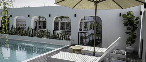 Indoor pool, outdoor pool, pool loungers