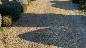 Ein Kiesweg, gesäumt von ordentlich geschnittenen Zypressen und kugelförmigen Steinpflanzgefäßen.