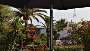 A covered outdoor area with a palm tree, a white building, and pink flowers. - 3min. Walk to the beach, Villa Bini  Perla, sea view, sunny, quiet location (Binibequer)