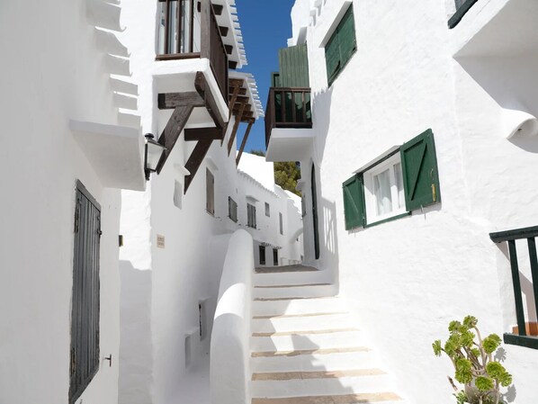 A narrow, white-walled alleyway with steps leading to a building entrance, green shutters, and a potted plant.