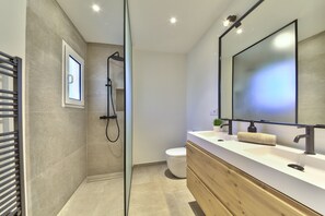 A modern bathroom with a glass shower enclosure, a white toilet, and a wooden vanity with a large mirror.