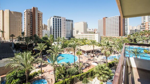 Un hotel con piscina en la azotea rodeado de palmeras y un paisaje urbano al fondo.