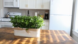 A kitchen with white cabinets, a microwave, a kettle, a refrigerator, and a wooden table with a potted plant. - Downtown Studio at The Lake -Unit 4 (Conneaut Lake)