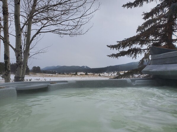 Une zone de sources chaudes bordée de bouleaux, avec des montagnes en arrière-plan.