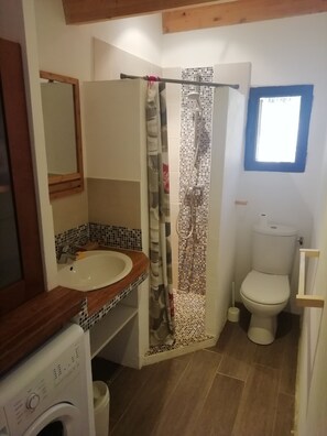 Regadera, secadora de cabello, toallas, papel de baño 
