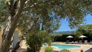 Zona de piscina con sillones de descanso y sombrillas, rodeada de vegetación y vistas a montañas.