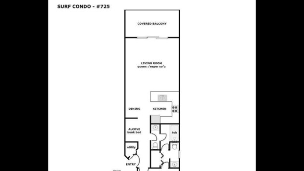 A floor plan of a surf condo with a covered balcony, living room, dining area, kitchen, alcove with bunk bed, utility room, entry, and bedroom. - Ocean Vue - 1BR Surf Condo - Swimming Pool & Ocean Views! (Surf City)