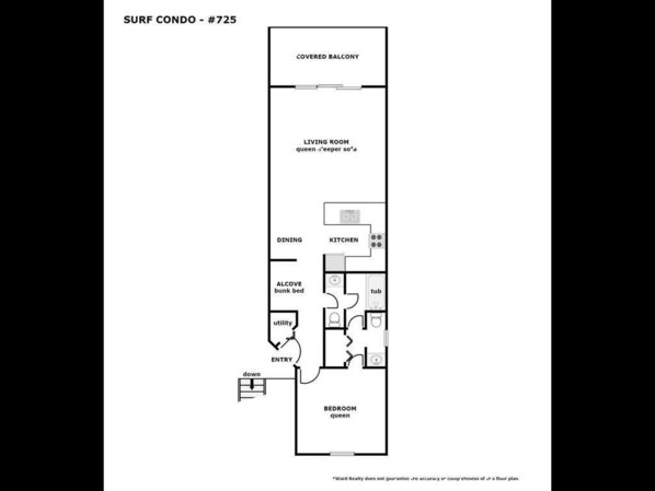 A floor plan of a surf condo with a covered balcony, living room, dining area, kitchen, alcove with bunk bed, utility room, entry, and bedroom. - Ocean Vue - 1BR Surf Condo - Swimming Pool & Ocean Views! (Surf City)