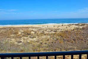 A beach view with a wooden fence in the foreground and the ocean in the background.