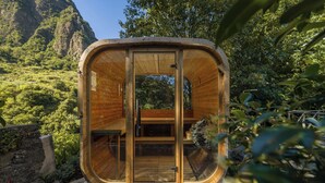 A wooden cabin with a glass door, surrounded by lush greenery and a mountainous backdrop. - In Laurissilva Forest, Casa do Lanço -Carvalho (São Vicente)