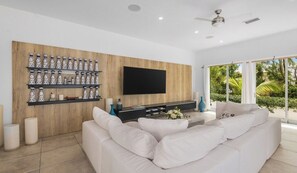 Smart TV, fireplace, music library