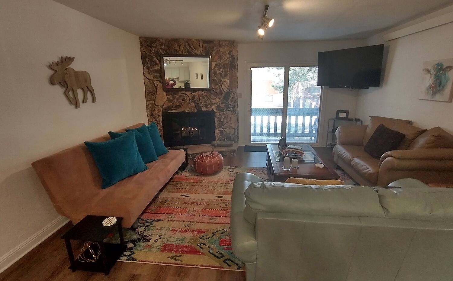 Smart TV, fireplace, books