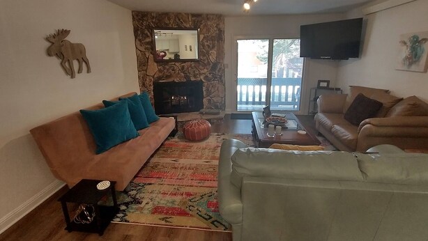 Uma sala de estar com um sofá marrom, um sofá verde, uma mesa de centro e uma lareira.