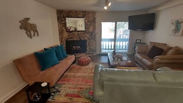 TV connectée, cheminée, livres