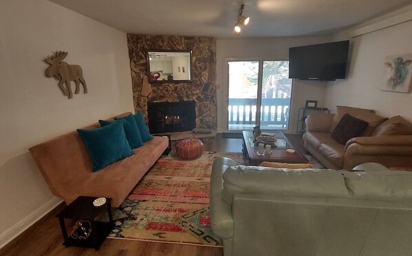 Smart TV, fireplace, books