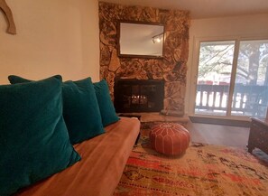 Smart TV, fireplace, books