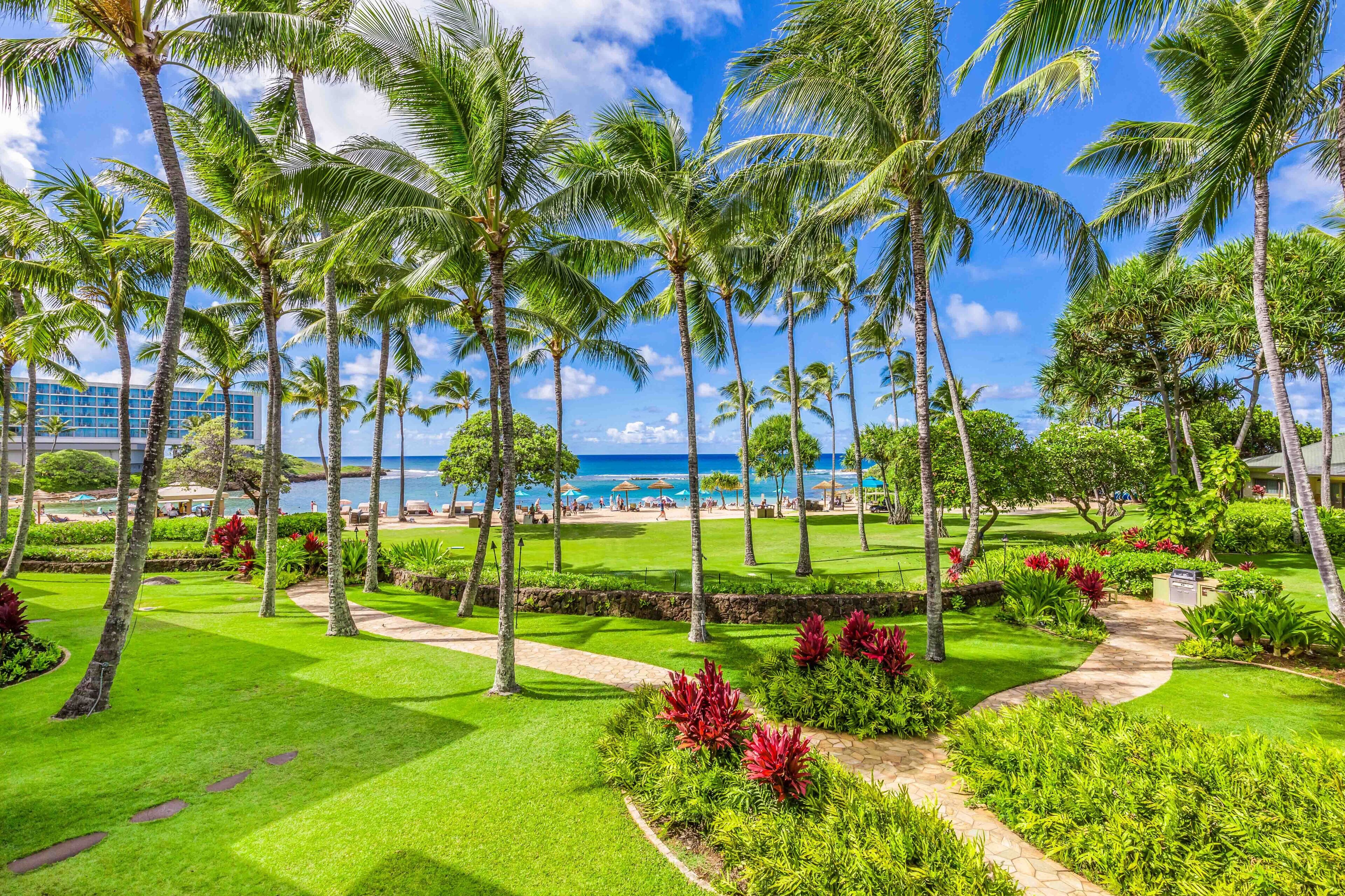 A tropical resort with palm trees, a well-maintained lawn, and a view of the ocean.