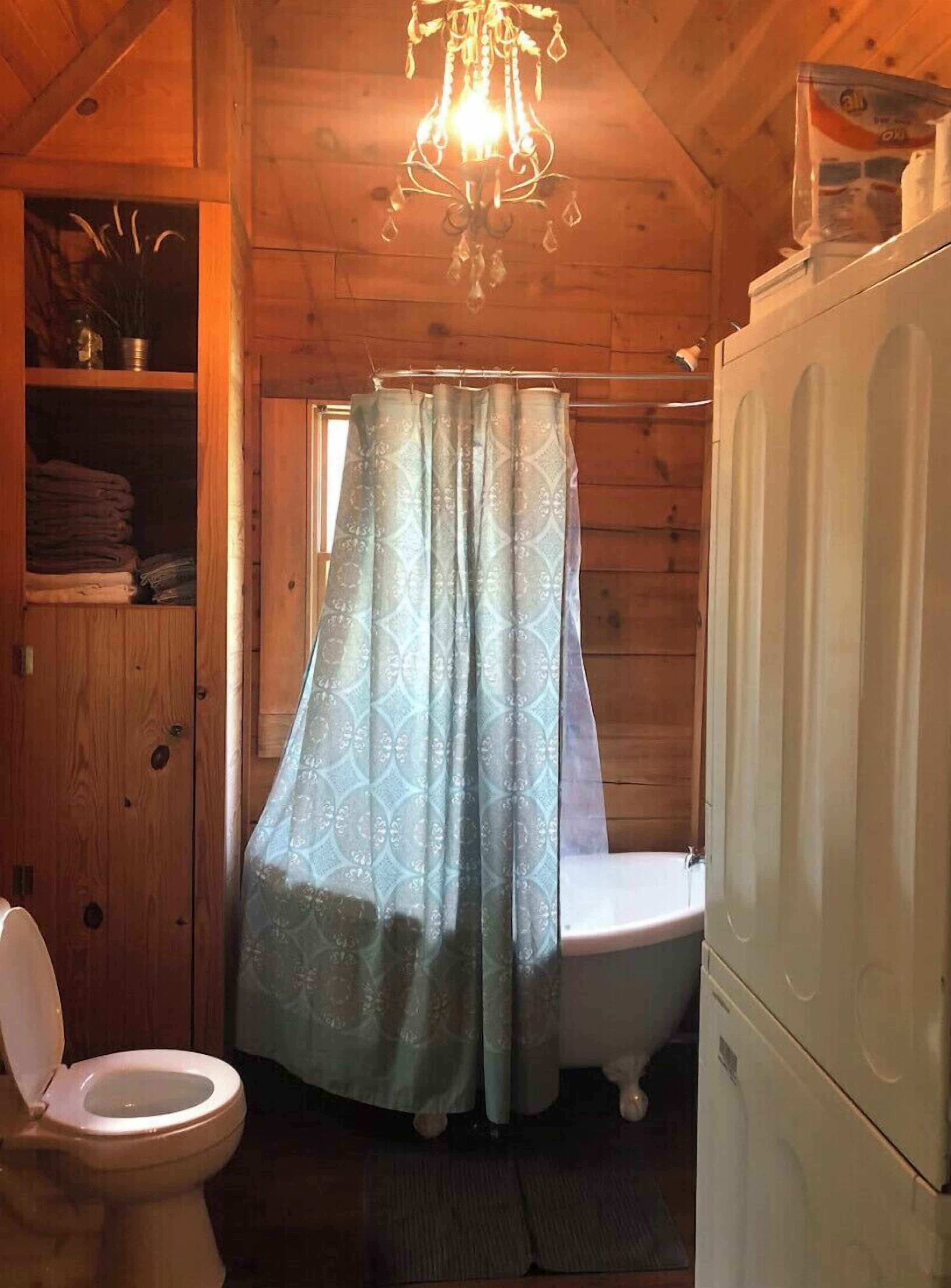 Combined shower/tub, hair dryer, towels, soap