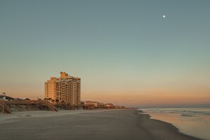 On the beach, sun-loungers
