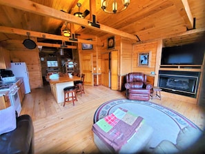 Smart TV, fireplace, video games, DVD player