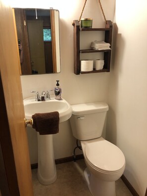 Chuveiro, secador de cabelo, toalhas de banho, sabonete