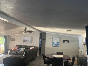 Smart TV, fireplace, DVD player, books