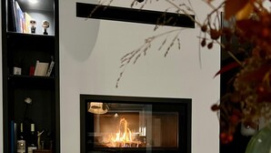 Uma sala de estar moderna com lareira, estante e um adorno de chifre na parede.