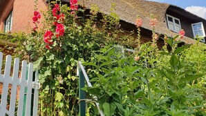 A traditional thatched-roof house with a brick facade, surrounded by lush greenery and flowering plants. - Kapitänshuus, Deutschland (Nordstrand)