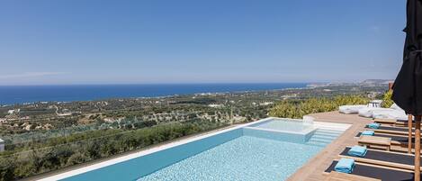 A heated pool, pool loungers