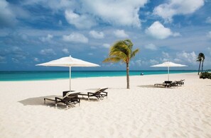 Playa en los alrededores, camastros y toallas de playa 
