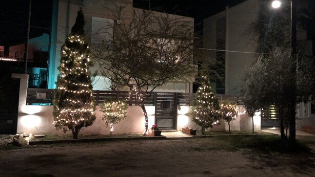 A building with a modern architectural style, featuring a large glass facade and a flat roof. There are two trees with lights, creating a festive atmosphere. - Beach House (artemida)