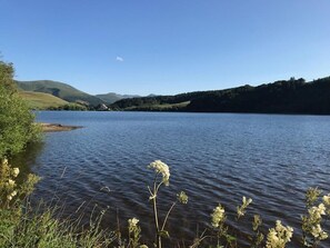 A lake with a clear view of the surrounding hills and a small island in the center. - Beautiful T2 with Wifi in center, 1 bedroom, 3 stars (Mont-Dore)
