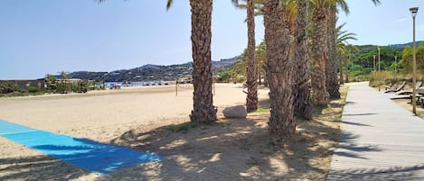 A beach with a wooden walkway, palm trees, and a clear blue sky.