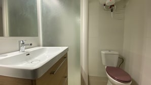 Ein Badezimmer mit einem weißen Waschbecken, einem Holzkosmetikschrank, einem Spiegel, einer Toilette und einem weißen Tanksystem.