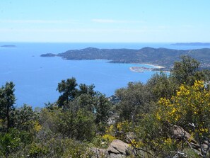 A coastal landscape with a view of the sea, hills, and a small island.