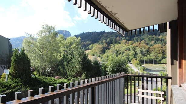 A balcony with a view of a forested valley and mountains. - Charming T2 with balcony in Mont Dore, parking included (Mont-Dore)