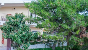 A residential building with a balcony, a tree with green foliage, and a white wall. - Beautiful 1-bed House in Avola (Avola)
